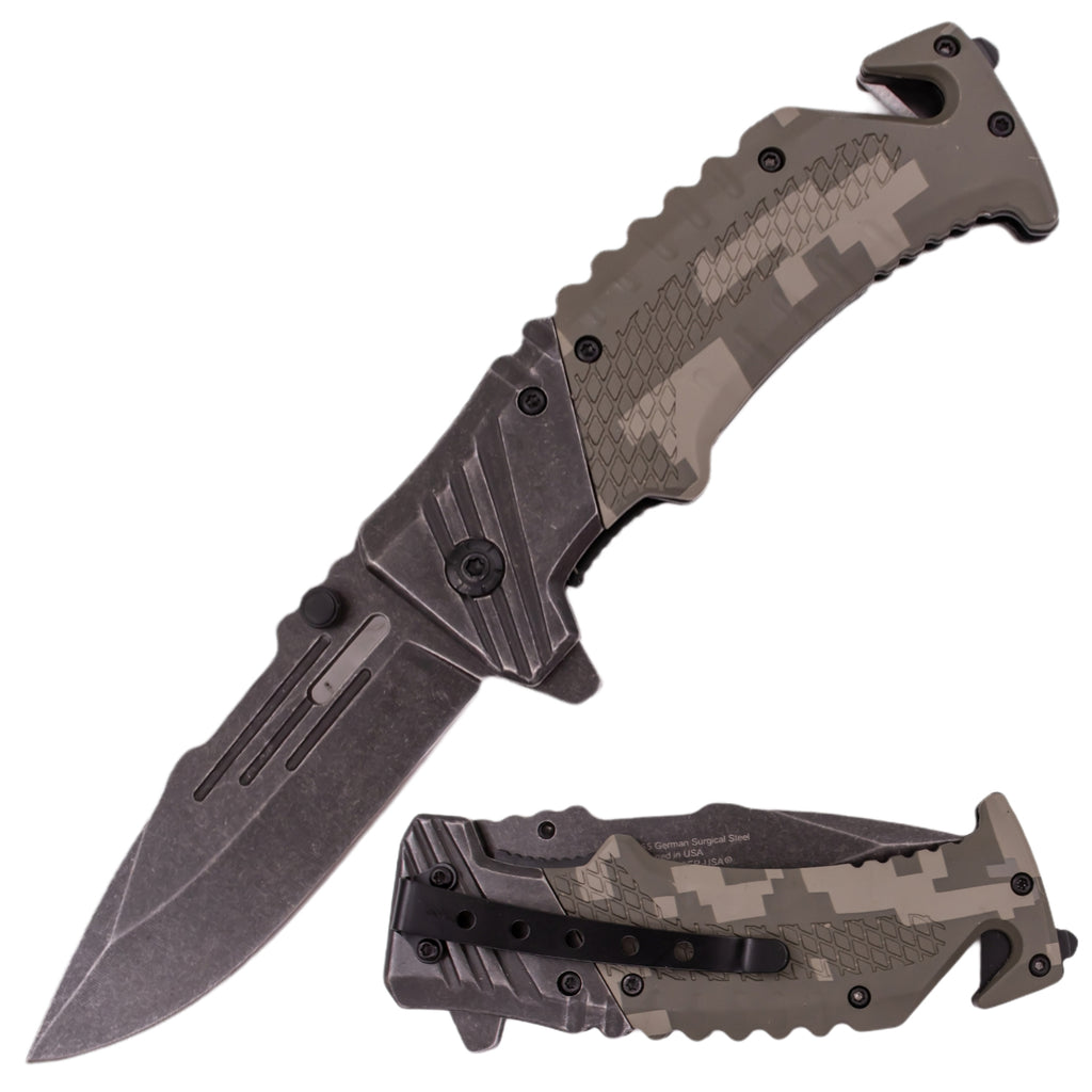 7 Inch Tiger-USA Ergonomic Grip Stonewashed Spring Assisted Knife - Camo 3