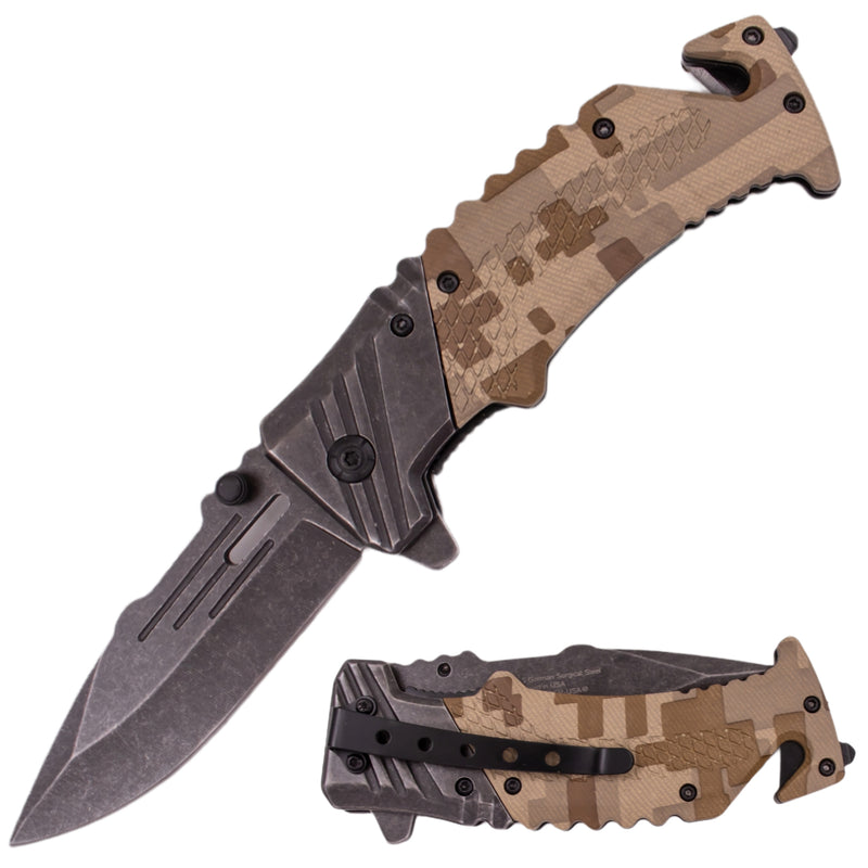 7 Inch Tiger-USA Ergonomic Grip Stonewashed Spring Assisted Knife - Camo 4