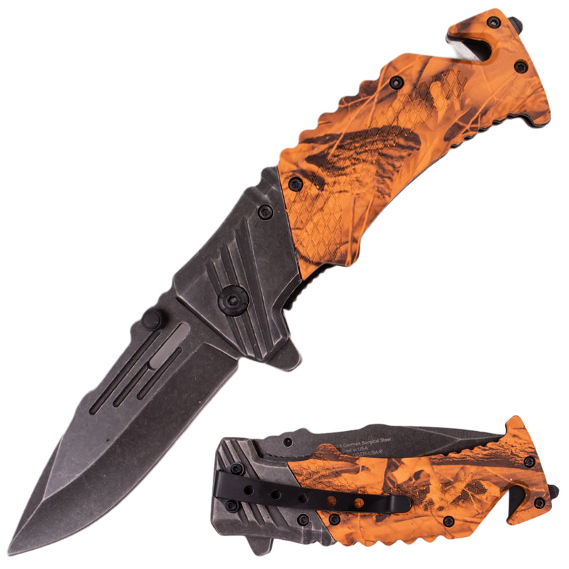 7 Inch Tiger-USA Ergonomic Grip Stonewashed Spring Assisted Knife - Camo 5