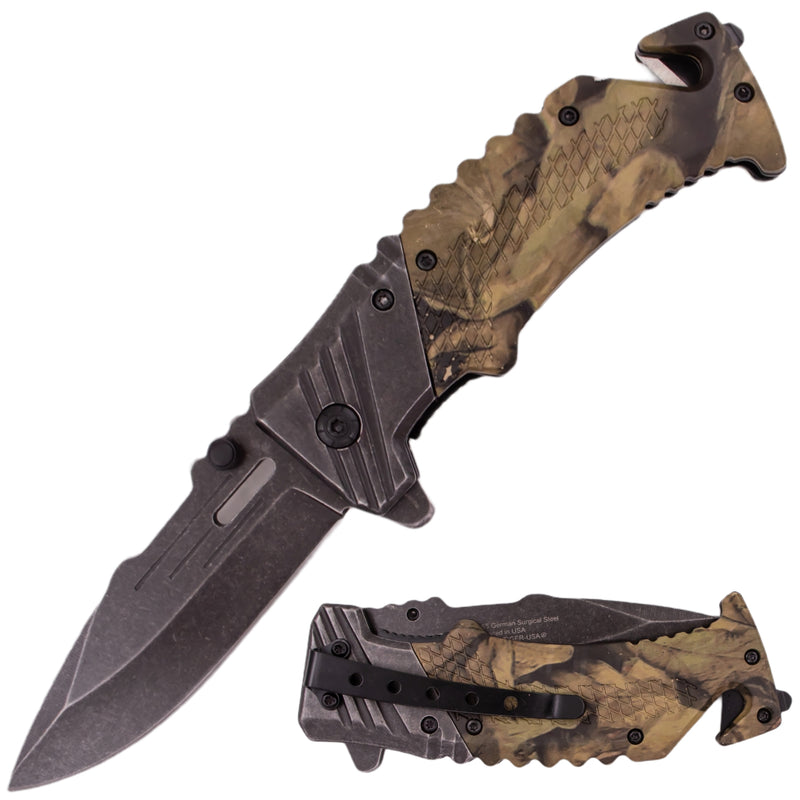 7 Inch Tiger-USA Ergonomic Grip Stonewashed Spring Assisted Knife - Camo 6
