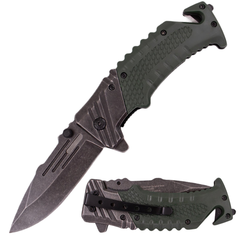 7 Inch Tiger-USA Ergonomic Grip Stonewashed Spring Assisted Knife - Green