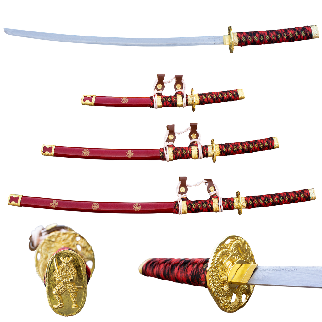 3 PC Red  Gold Rush Katana Sword Set