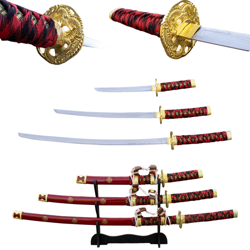3 PC Red  Gold Rush Katana Sword Set