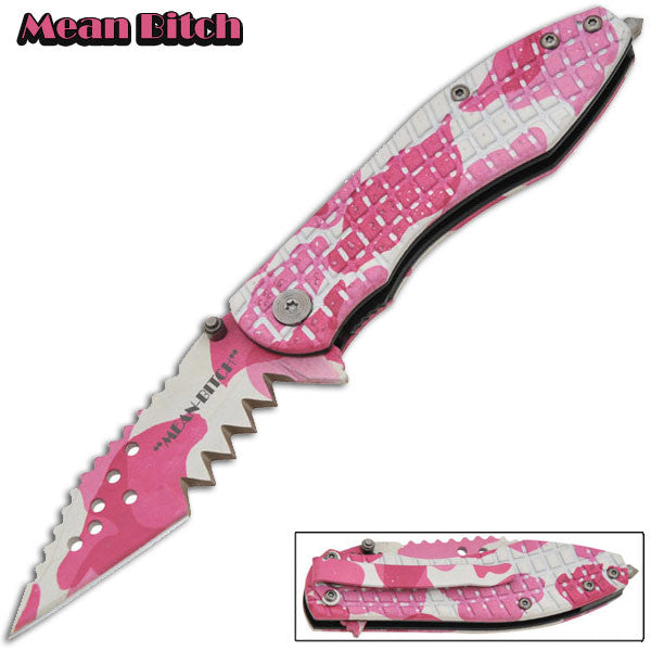 Mean Bitch - Trigger Action Knife - Pink Camo, , Panther Trading Company- Panther Wholesale
