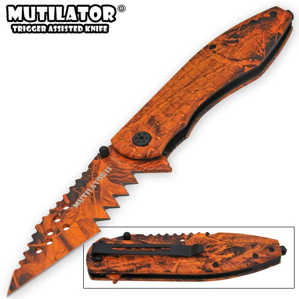 The Mutilator II - Trigger Action Knife - Orange Camo, , Panther Trading Company- Panther Wholesale