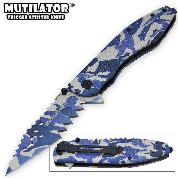 The Mutilator II - Trigger Action Knife - Blue Camo, , Panther Trading Company- Panther Wholesale