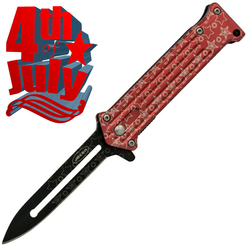 Star Spangled 4th of July Trigger Action Knife - Red (Serrated), , Panther Trading Company- Panther Wholesale