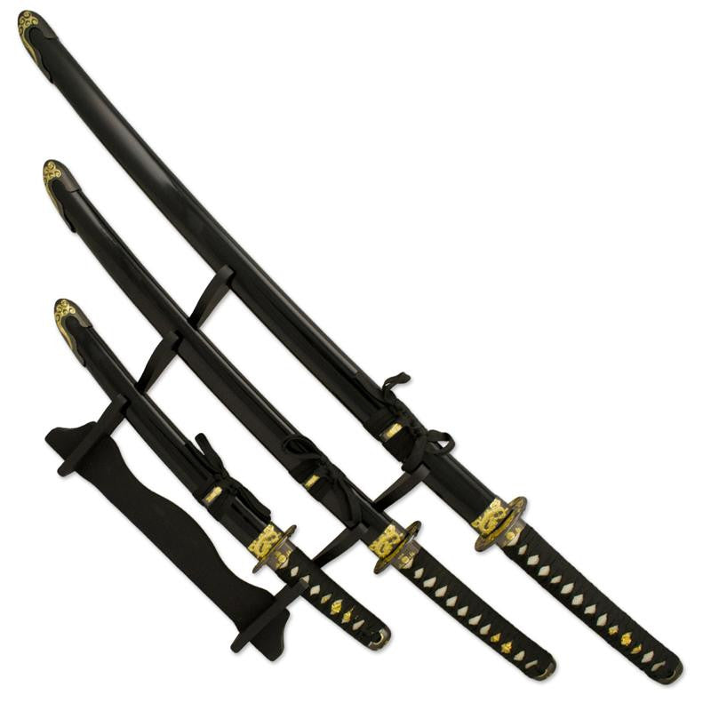 3 PC Atlantis Gold and Black Katana Sword Set, , Panther Trading Company- Panther Wholesale