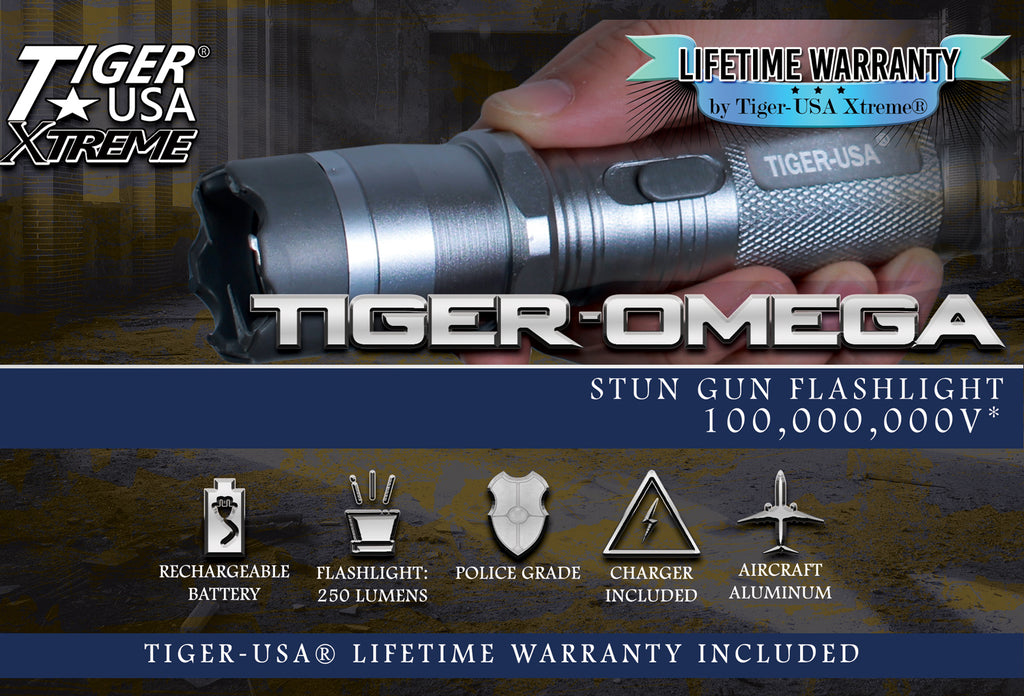 Tiger-USA Xtreme® 100 Mill V Tiger-Omega Stun Gun Flashlight (Silver)
