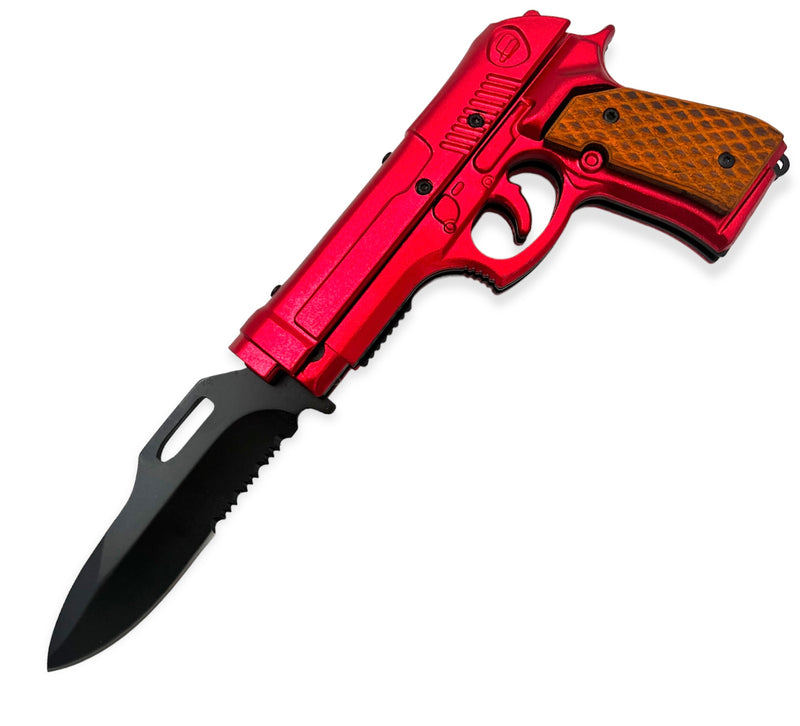 Tiger-USA Lock, Stock and Cock Back Pistol Spring Assisted Knife RED