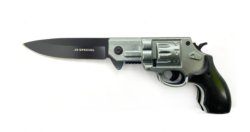 Tiger-USA 38 Special Revolver Pistol Spring Assisted Knife Silver Handle (Blackwood)