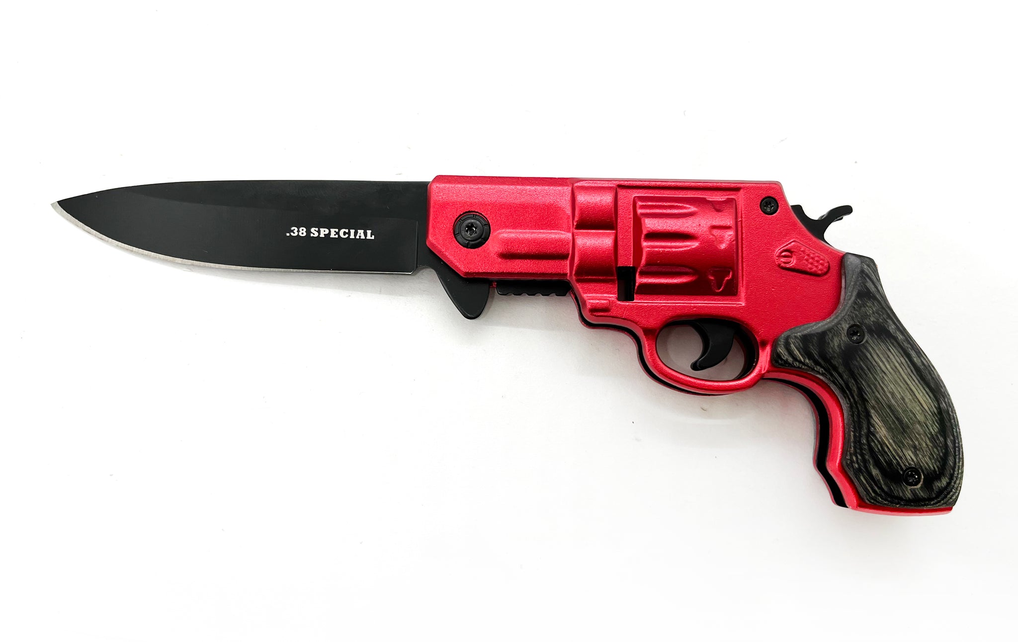 Tiger-USA 38 Special Revolver Pistol Spring Assisted Knife RED – Panther  Wholesale
