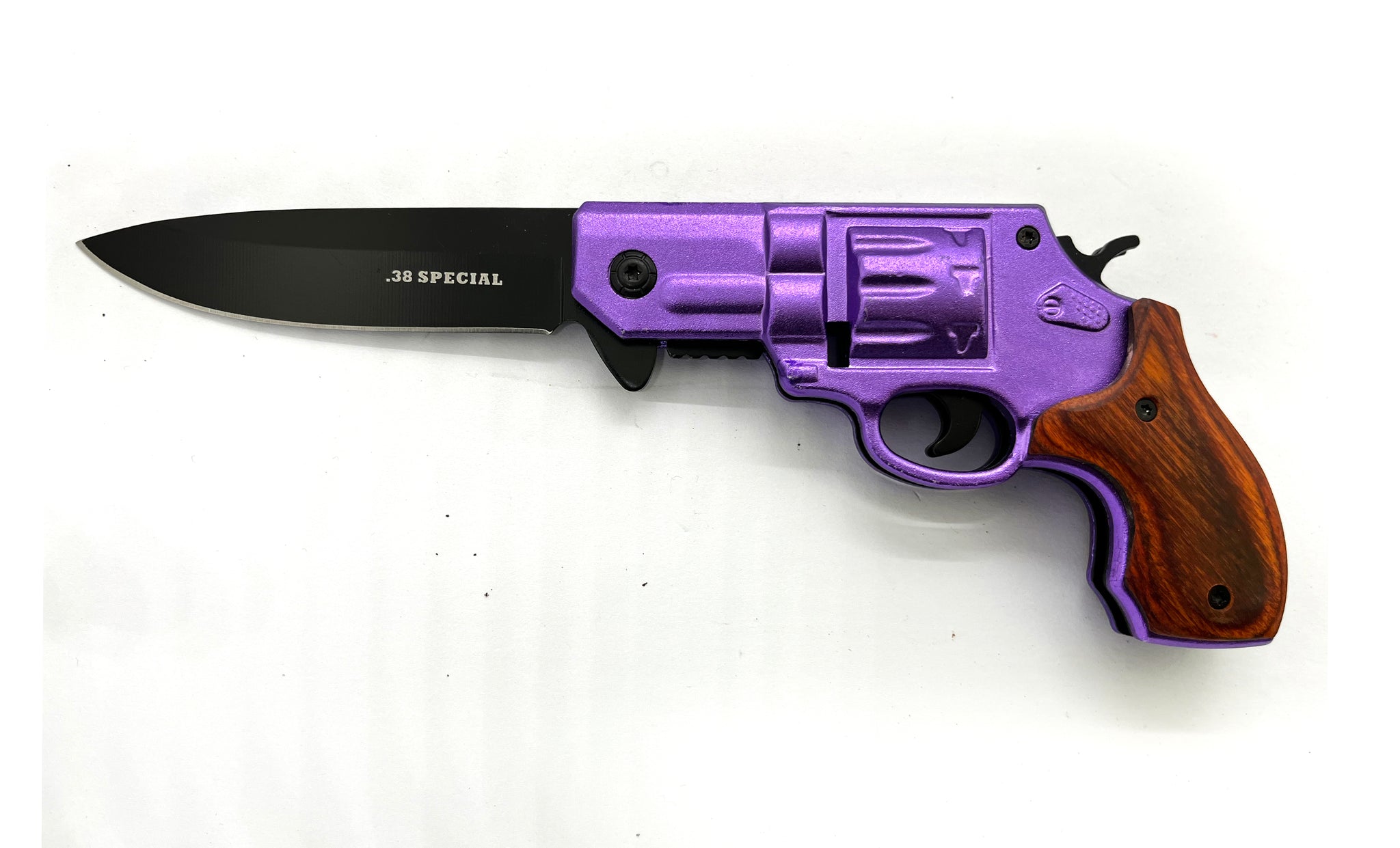 Tiger-USA 38 Special Revolver Pistol Spring Assisted Knife Purple – Panther  Wholesale