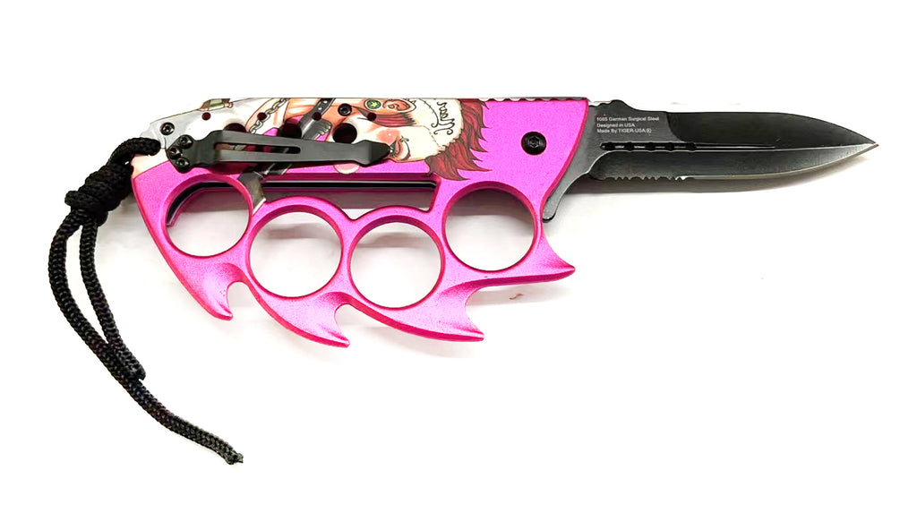 Elite Claw Spring Assisted Trench Knife with Paracord Hot Pink Mean Bitch