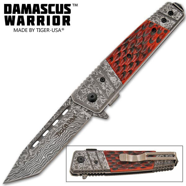 Damascus Warrior Trigger Action Knife Bone Handle Tanto, , Panther Trading Company- Panther Wholesale