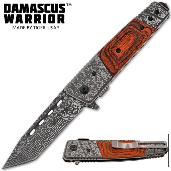 Damascus Warrior Trigger Action Knife Tanto, , Panther Trading Company- Panther Wholesale