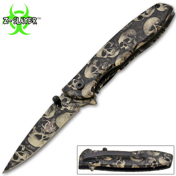 Z-Slayer Trigger Action Knife - Black Skulls, , Panther Trading Company- Panther Wholesale
