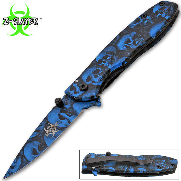 Z-Slayer Trigger Action Knife - Blue Skulls, , Panther Trading Company- Panther Wholesale