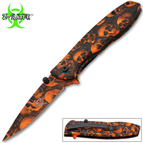 BUY 1 GET 1 FREE: Z-Slayer Trigger Action Knife - Orange Skulls, , Panther Trading Company- Panther Wholesale