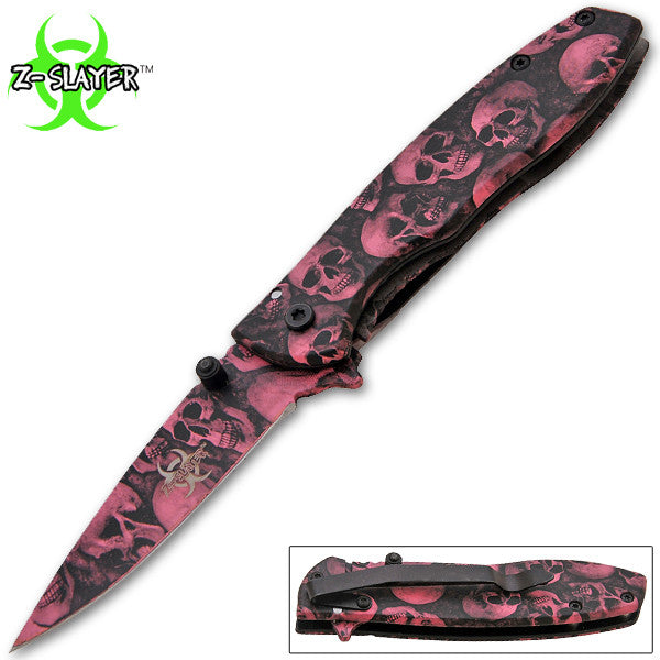 Z-Slayer Trigger Action Knife - Pink Skulls, , Panther Trading Company- Panther Wholesale
