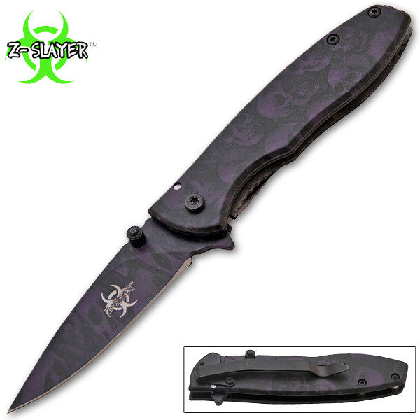 Z-Slayer Trigger Action Knife - Purple Skulls, , Panther Trading Company- Panther Wholesale