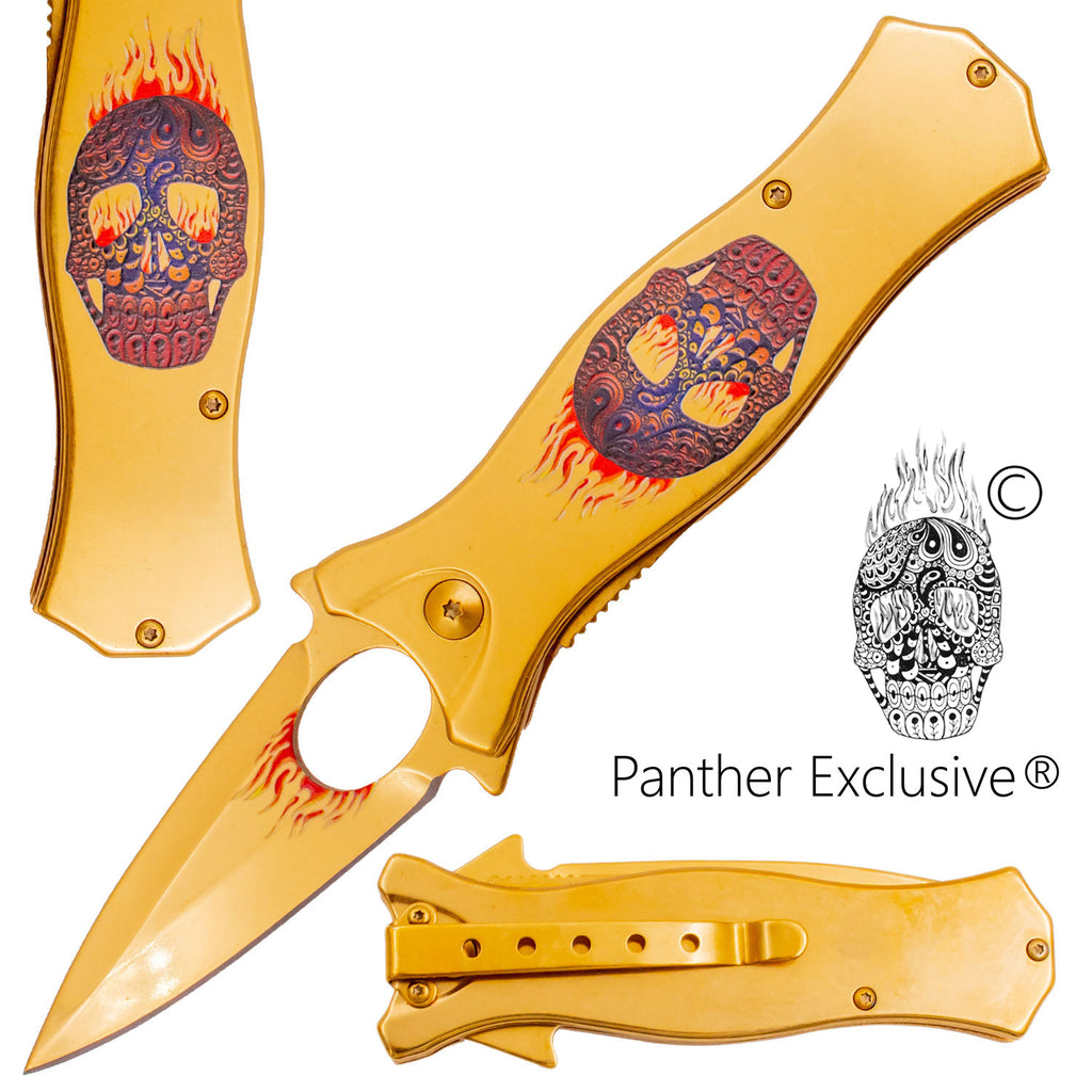 7.5 Inch Golden Ticket Spring Assisted Knife Flaming Sugar Skull (Red/Blue)