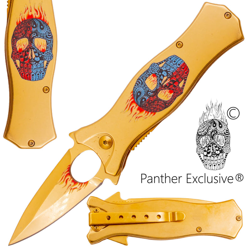 7.5 Inch Golden Ticket Spring Assisted Knife Flaming Sugar Skull (Red/Blue)