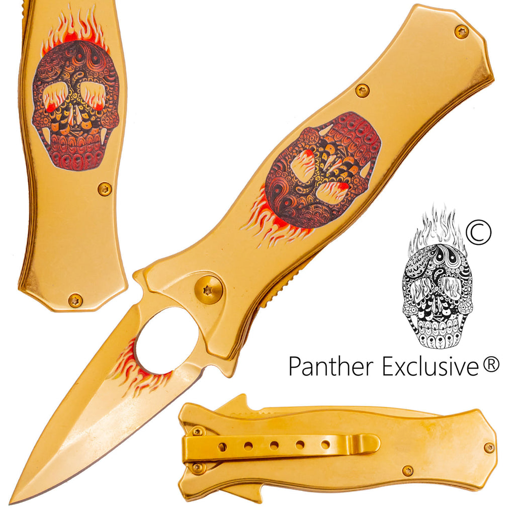 7.5 Inch Golden Ticket Spring Assisted Knife Flaming Sugar Skull (Red/Yellow)