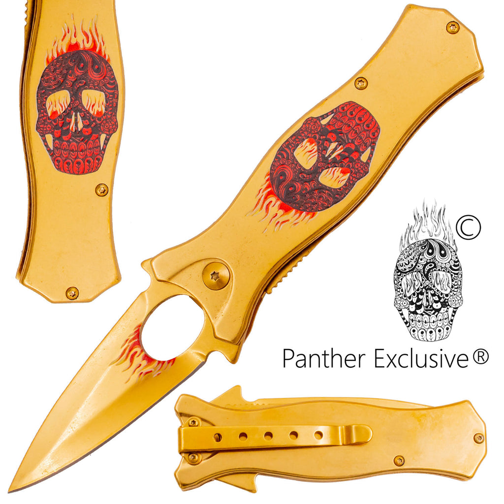 7.5 Inch Golden Ticket Spring Assisted Knife Flaming Sugar Skull (Red/Black)