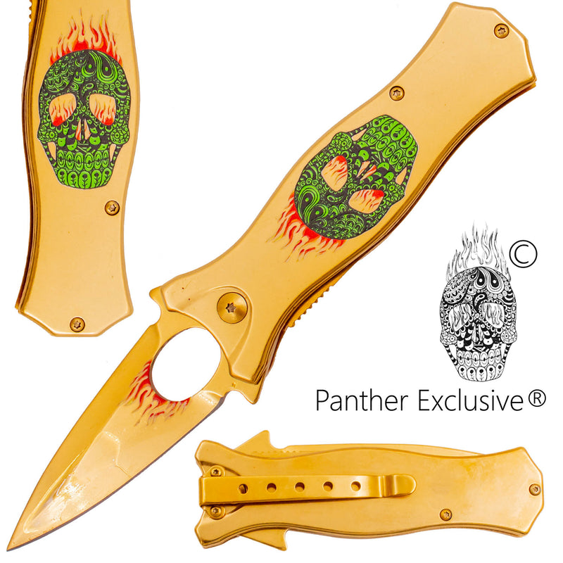 7.5 Inch Golden Ticket Spring Assisted Knife Flaming Sugar Skull (Green)