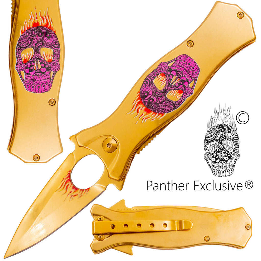 7.5 Inch Golden Ticket Spring Assisted Knife Flaming Sugar Skull (Pink)