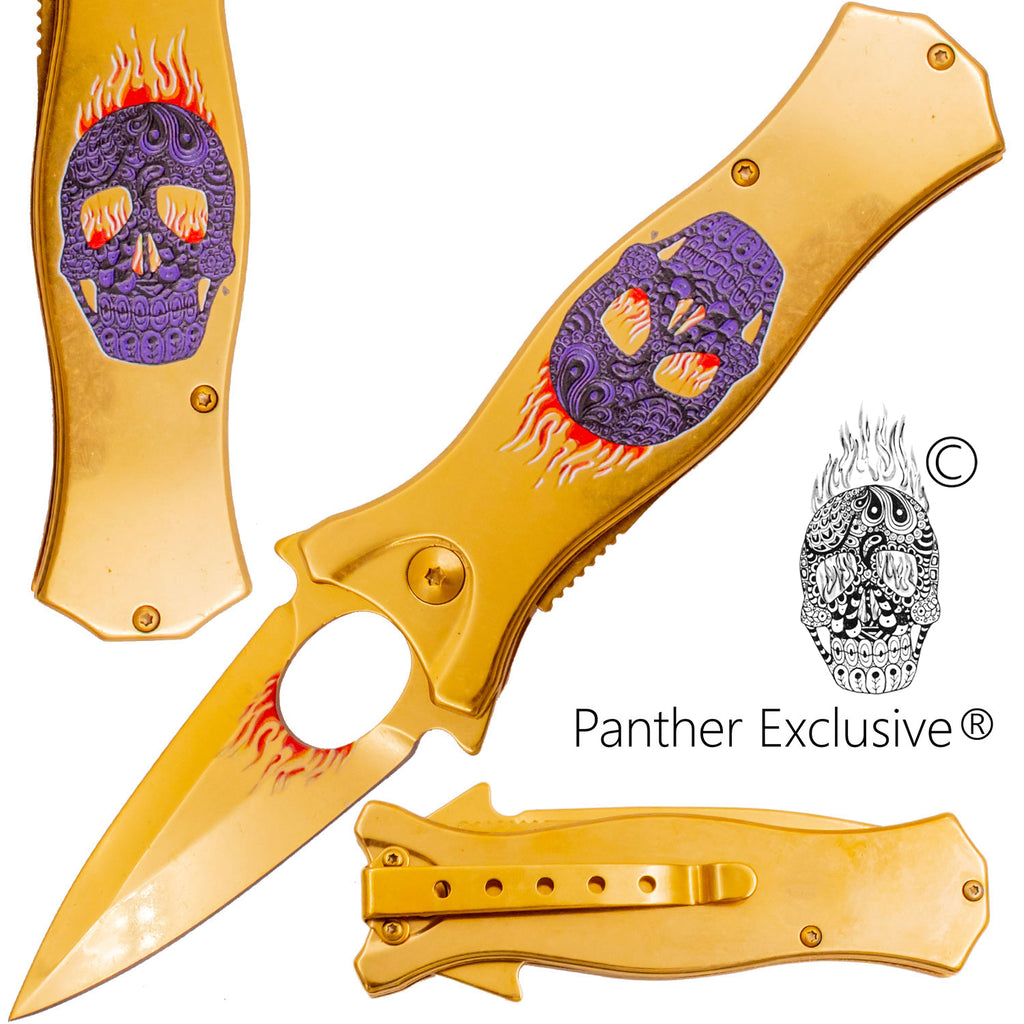 7.5 Inch Golden Ticket Spring Assisted Knife Flaming Sugar Skull (Purple)