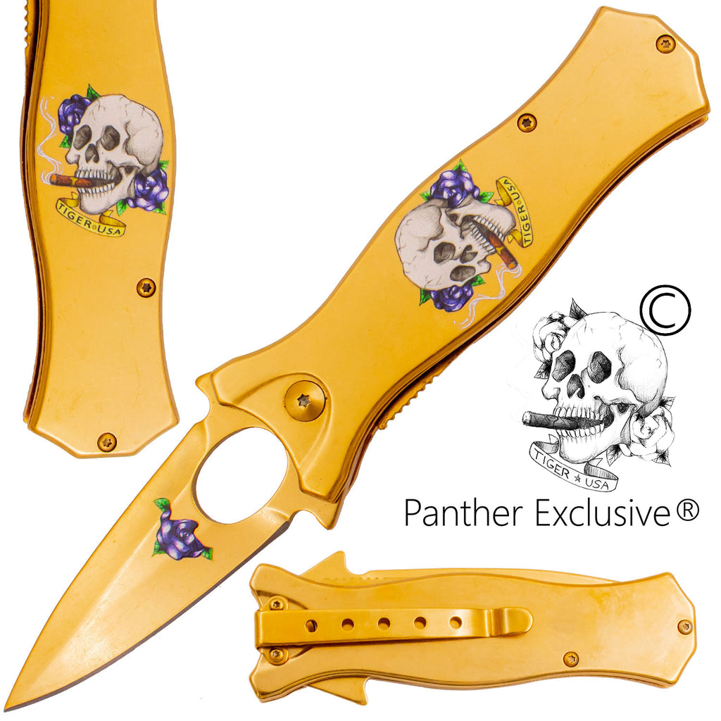 7.5 Inch Golden Ticket Spring Assisted Knife Skull Cigar Rose (Blue)