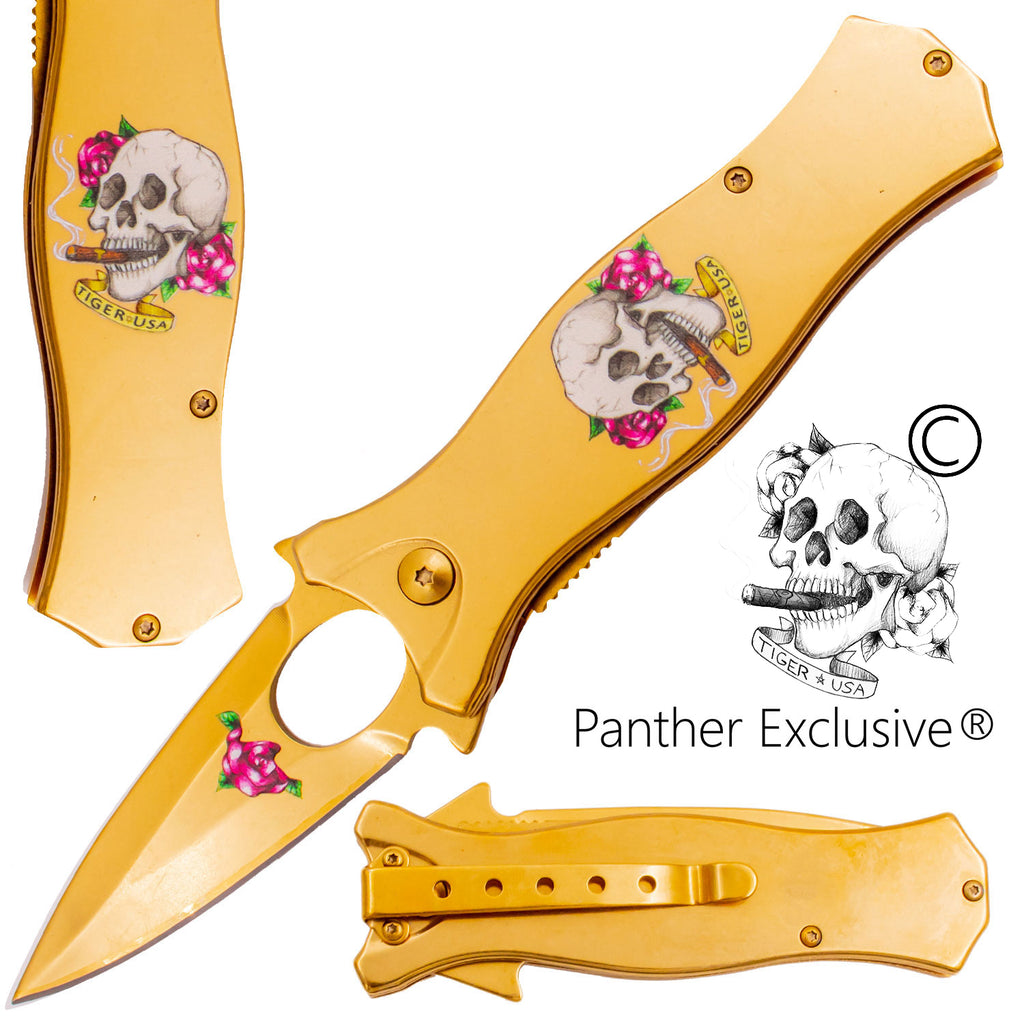 7.5 Inch Golden Ticket Spring Assisted Knife Skull Cigar Rose (Pink)