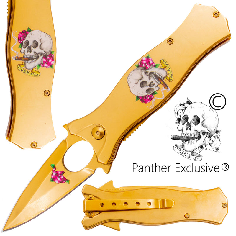 7.5 Inch Golden Ticket Spring Assisted Knife Skull Cigar Rose (Pink)