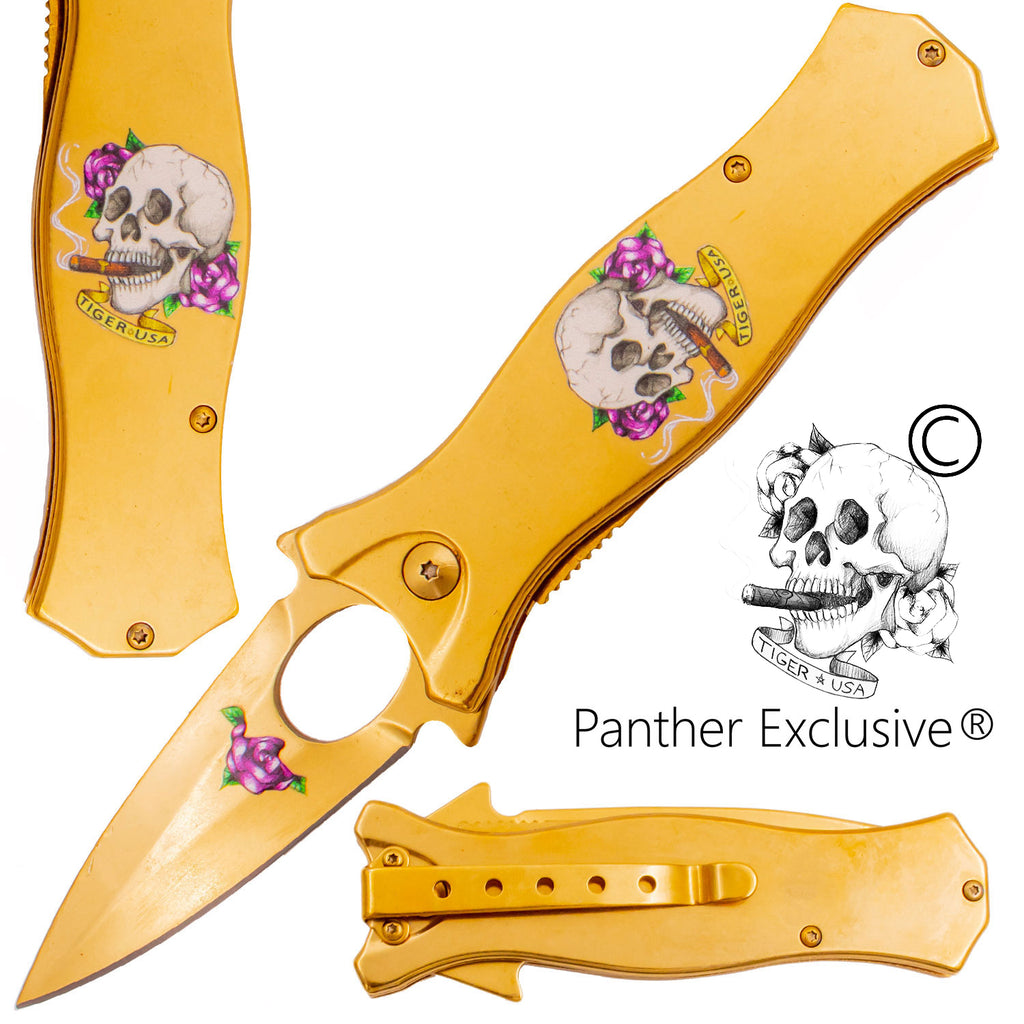 7.5 Inch Golden Ticket Spring Assisted Knife Skull Cigar Rose (Purple)