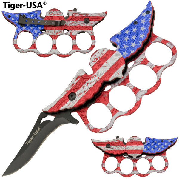 Tiger-USA American Flag Eagle Knuckle Knife, , Panther Trading Company- Panther Wholesale