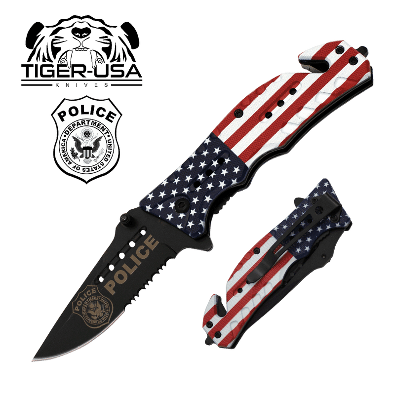 American Flag Police Edition - Trigger Action Steel Serrated Tactical Knife, , Panther Trading Company- Panther Wholesale