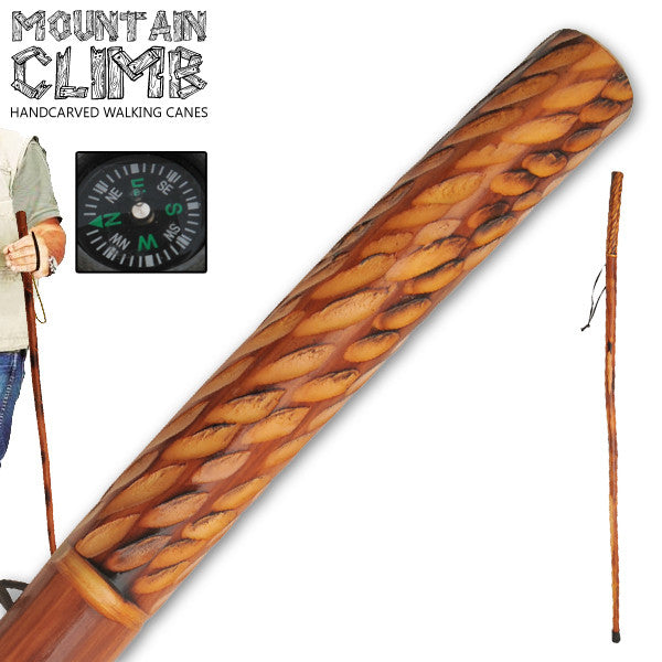 55 Inch Hand Carved Walking Cane - Raindrops Alternate W/ Compass, , Panther Trading Company- Panther Wholesale