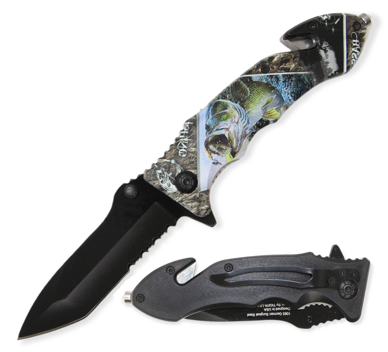 8.5 Inch Tiger USA Spring Assisted Knife Tanto - BASS FISH