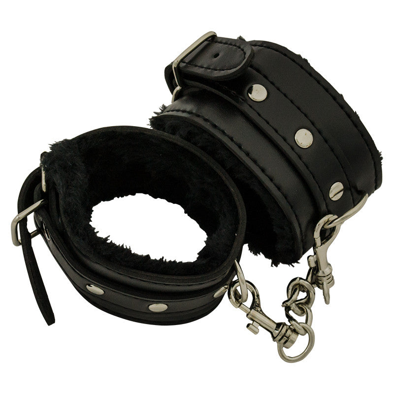 black leather handcuffs with fuzzy interior, , Panther Trading Company- Panther Wholesale