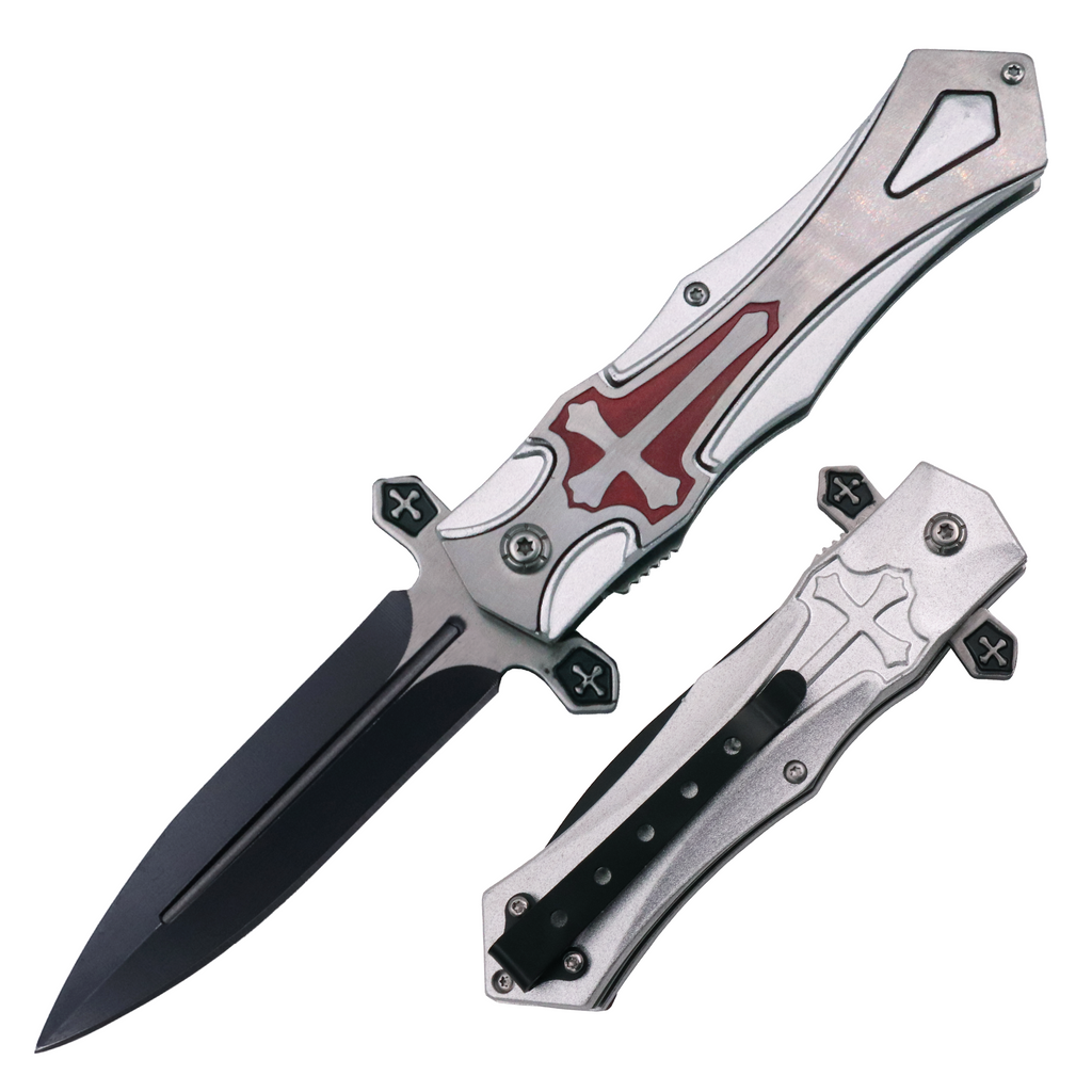 Red & Silver Folding Knife Crusader Logo