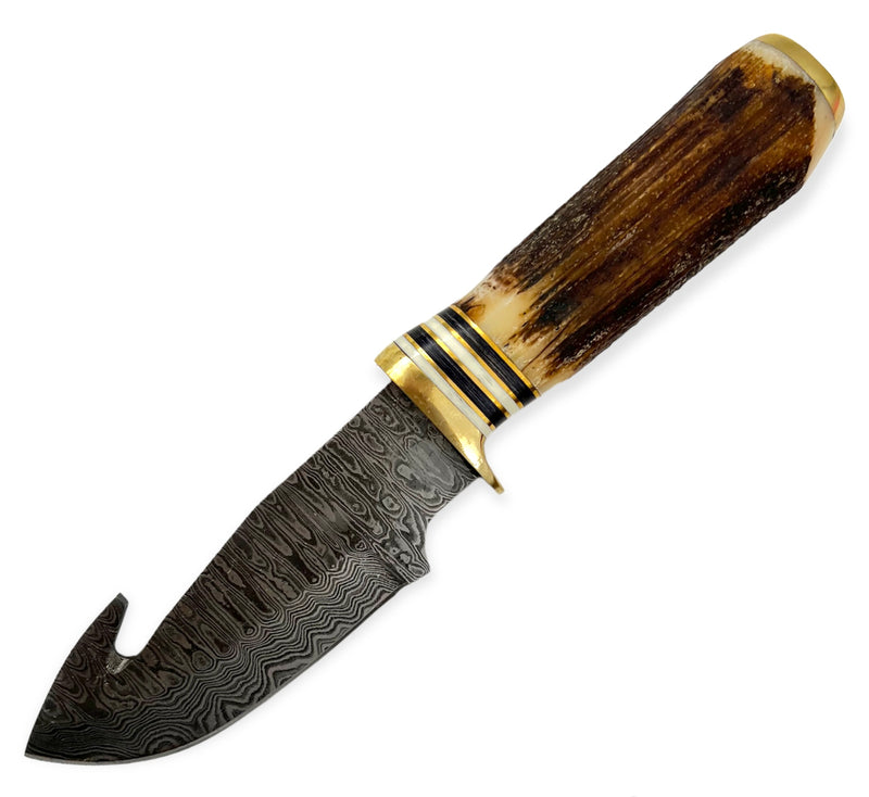 9.25 INCH  Damuscus Hunting Knife W. Case Bone Brown Handle