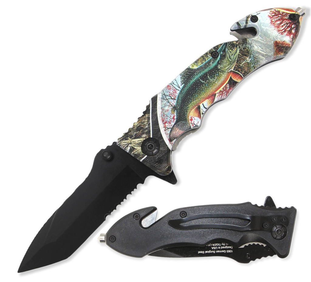 8.5 Inch Tiger USA Spring Assisted Knife Tanto - FISH CENTERFOLD