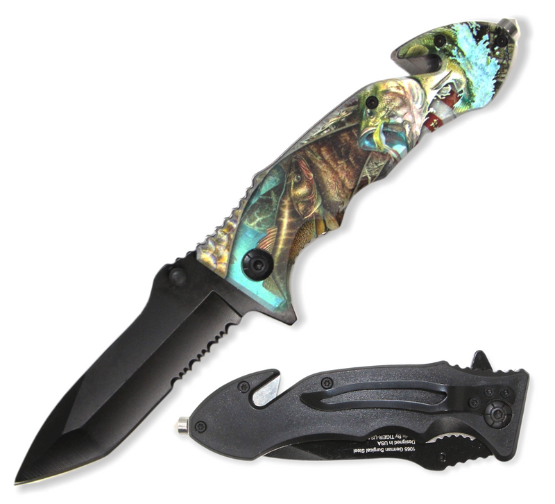 8.5 Inch Tiger USA Spring Assisted Knife Tanto - FISH SPLASH