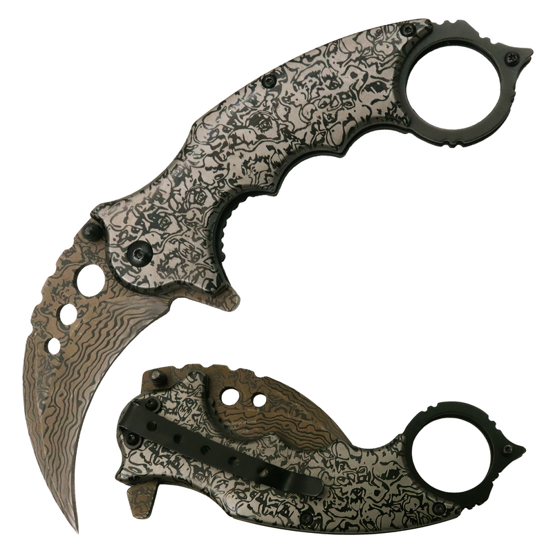 Tiger USA Spring Assisted Knife Karambit Black Grey Damascus Design