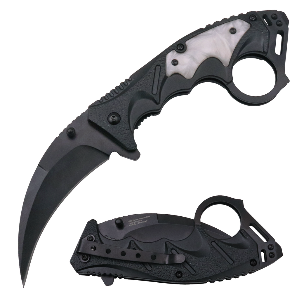 Tiger-USA Spring Assisted Ergogrip Karambit Knife - BLACK AND PEARL