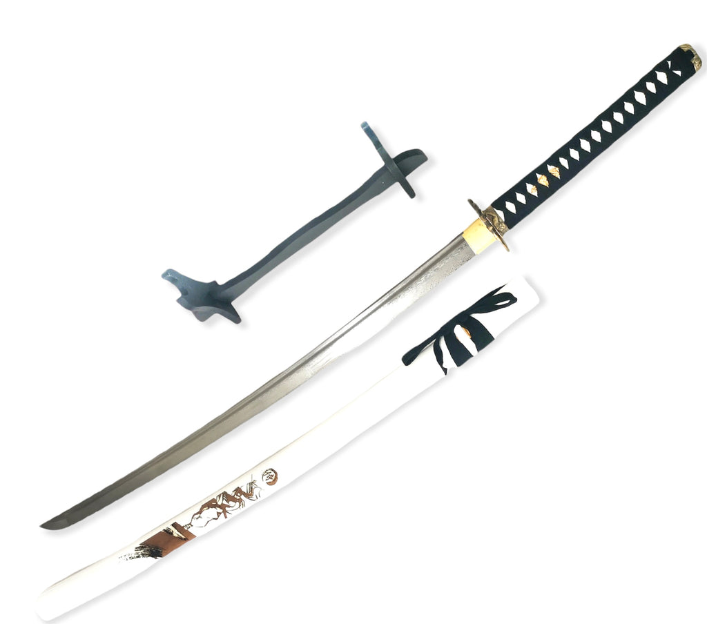 REAL DAMASCUS  Katana Silver Blade - WHITE Free Stand