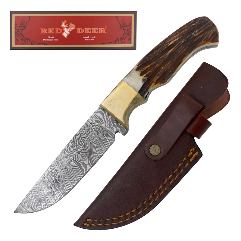 Red Deer® 8.5" Bone Handle Damascus Blade Knife with Leather Sheath