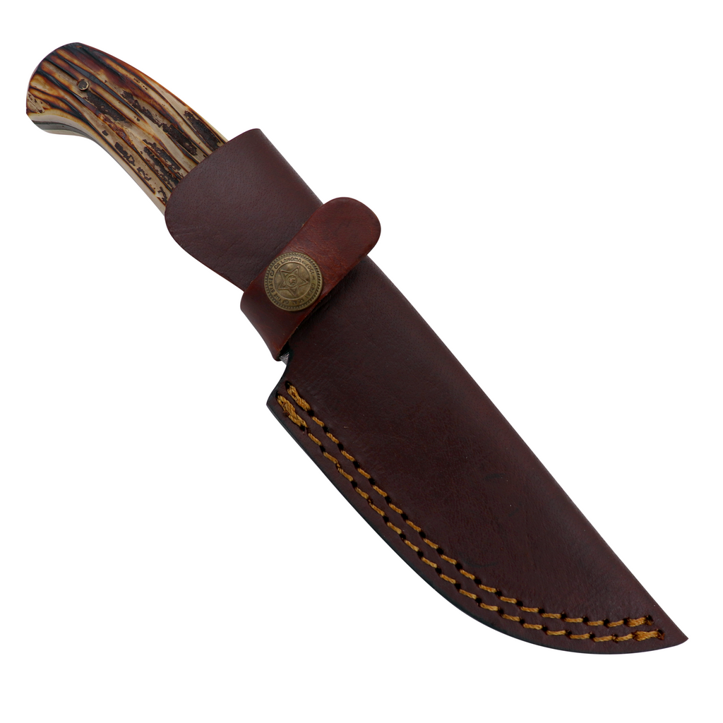 Red Deer® 8.5" Bone Handle Damascus Blade Knife with Leather Sheath